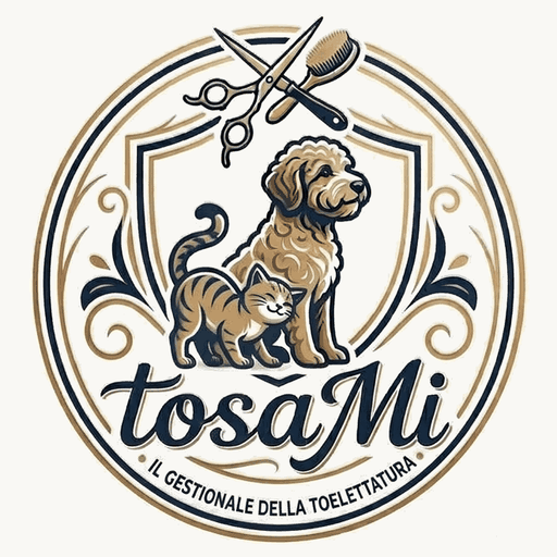 Marchio tosaMi: un cane e un gatto, forbici e spazzola in un emblema navy e oro